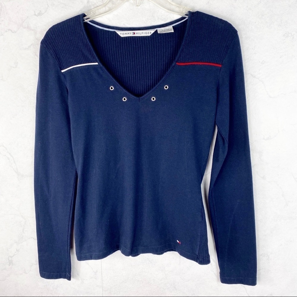 [TH] Retro Navy Lace Up V-Neck Shirt